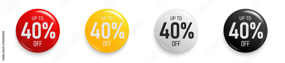 Up to 40 percent Discount. Button sticker mockup banner. Promotion sticker badge set for shopping marketing and advertisement clearance sale, special offer, Save 10 percent. Vector illustration. Up to 40 percent Discount. Button sticker mockup banner. Promotion sticker badge set for shopping marketing and advertisement clearance sale, special offer, Save 10 percent. Vector illustration.