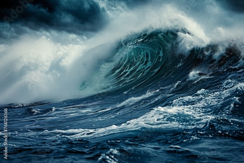 A towering wave crashes forcefully in the midst of the vast ocean  displaying the powerful and dynamic nature of the water  A formidable view of a tidal wave in the open sea  AI Generated