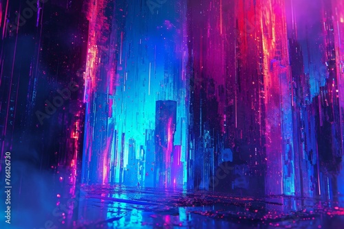 An abstract painting depicting the bustling streets and vibrant lights of a cityscape during the nighttime  A futuristic  abstract apocalypse of neon colors  AI Generated