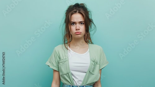 A young, dejected woman alone against a pale blue background photo