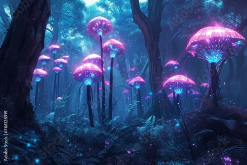 A cluster of mushrooms growing together among the trees in a forest, A futuristic forest filled with abstract, bioluminescent plants, AI Generated