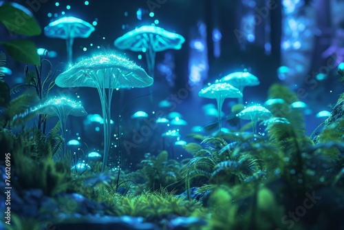 A cluster of mushrooms growing alongside each other on the lush green grass, A futuristic forest filled with abstract, bioluminescent plants, AI Generated