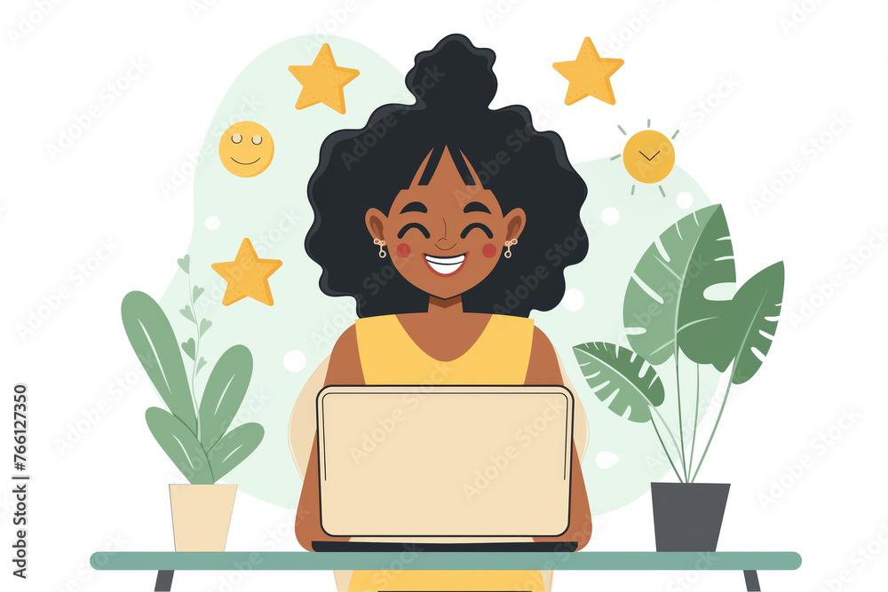 Freelancer girl sits at the desk, modern technology and work on Internet. Remote employee Freelancer girl sits at the desk, modern technology and work on Internet. Remote employee