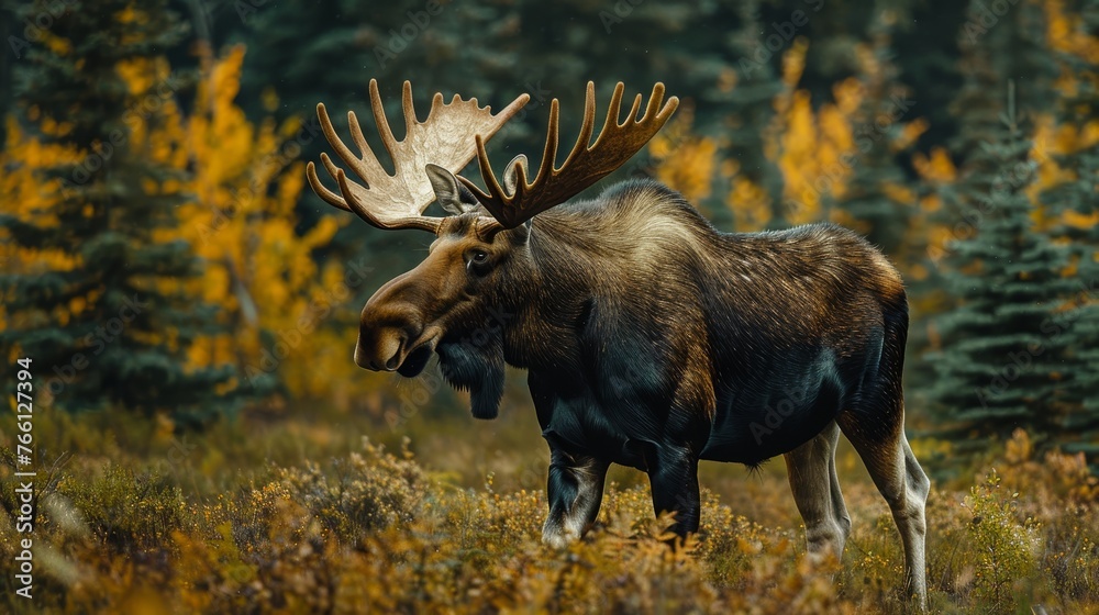 Regal moose strides through dense Canadian forest Regal moose strides through dense Canadian forest