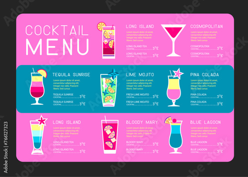 Retro summer restaurant cocktail menu design. Vector illustration