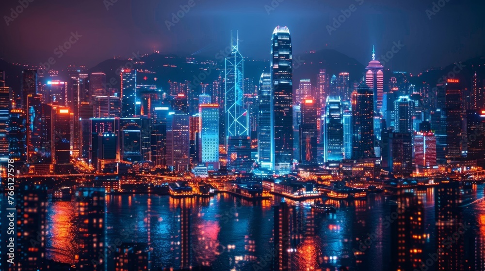 Technology: A futuristic city skyline illuminated by neon lights
