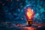 Glowing Light Bulb with Sparkling Effects on a Blue Bokeh Background