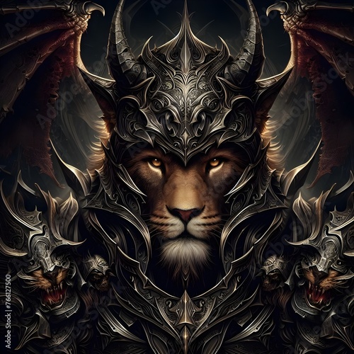 Close-up of a lion in intricate armor, grand fantasy art. photo