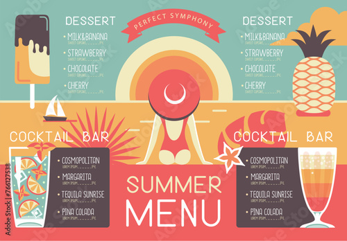 Retro summer restaurant menu design with cocktails, pineapple, ice cream and woman in hat. Vector illustration