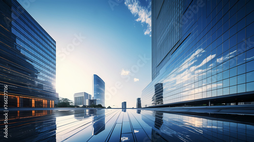Low angle view of futuristic modern building, corporate office building skyscraper