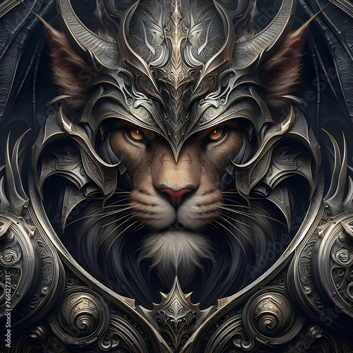 Close-up of a lion in intricate armor, grand fantasy art. photo