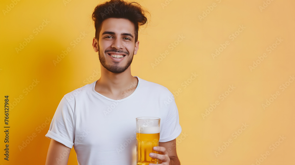 Cheerful Man Enjoying a Glass of Beer on a Bright Yellow Background Cheerful Man Enjoying a Glass of Beer on a Bright Yellow Background