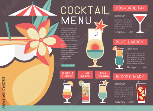 Retro summer restaurant cocktail menu design. Vector illustration