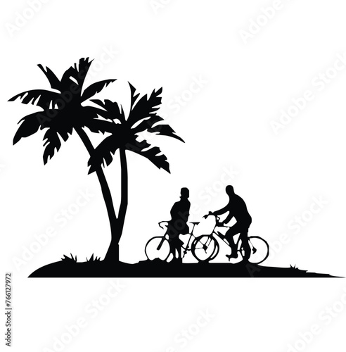 Vector illustration romantic cycling couple and coconut tree silhouette isolated on a white background