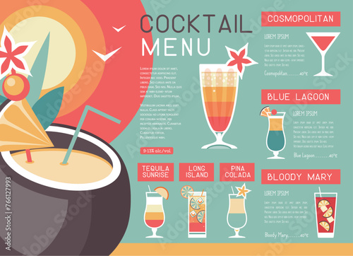 Retro summer restaurant cocktail menu design. Vector illustration