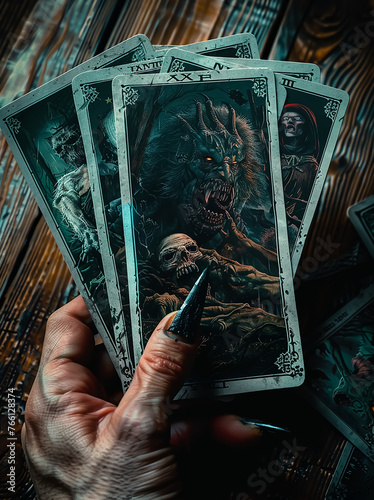 Fortune teller of hands holding THE SUN card and tarot cards on a wooden table near burning candles in candle light.Tarot cards spread on table, black magic
