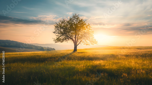 Majestic Lone Tree in Golden Wheat Field at Sunset