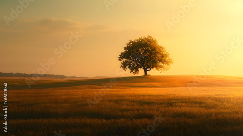 Golden Hour Serenity - Solitary Tree in a Sunlit Field