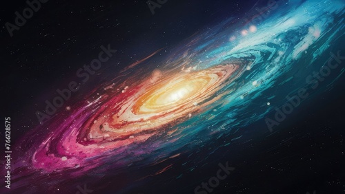 a vibrant spiral galaxy, adorned with hues of pink, blue, and yellow, swirling gracefully amidst a celestial tapestry of glittering stars