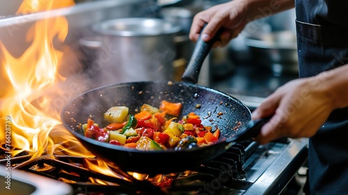 A chef in a kitchen flips ingredients in a hot pan
