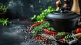Fresh herbs, spices, and delectable cooking in a cast-iron pot 