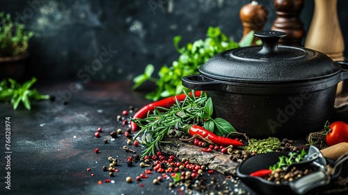 Fresh herbs  spices  and delectable cooking in a cast-iron pot 