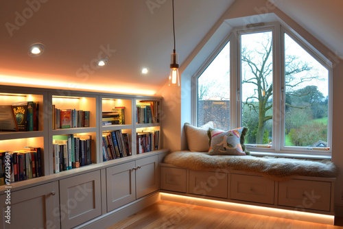A creatively renovated attic turned into a cozy reading nook, with DIY built-in bookshelves under the eaves, a plush window seat with storage, and soft, ambient lighting.