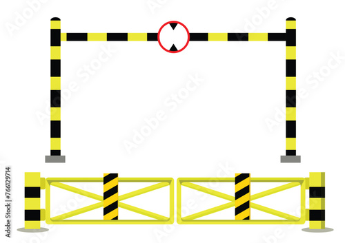 Height restriction barriers and road signs. Road safety sign. Road closure sign.