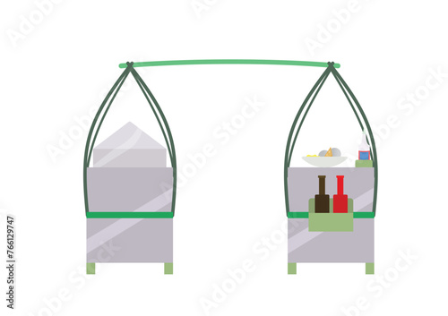 Gerobak pikul bakso Cuanki. Traditional Indonesian meatball cart for street food vendors. Flat style. Isolated on white background. Cart icon.