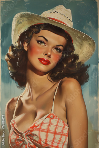 brunette cowgirl wearing red check bikini vintage old americana painting