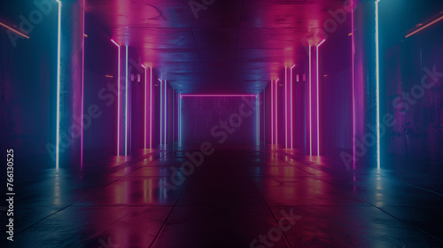 Technology futuristics corridor background with neon lights perspective view