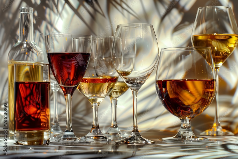 assortment of different glasses with wine and other alcohol, sleek background