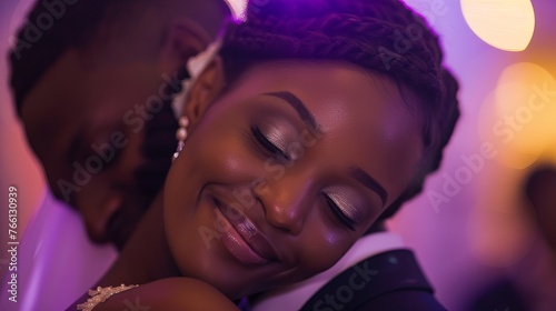 Smiling Bride Leaning on Groom During Wedding Party