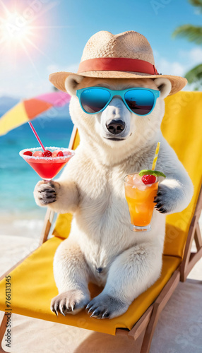 Polar northern bear sunbathing in sunglasses on the beach. on va