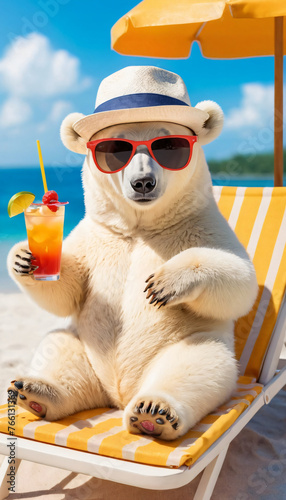 Polar northern bear sunbathing in sunglasses on the beach. on va © Вероника Преображенс