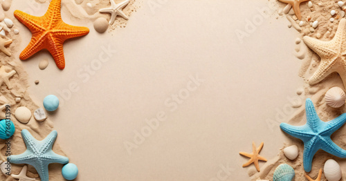 Marine background for design with starfish and sand. Texture