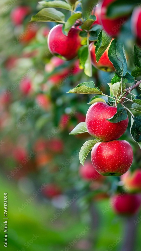 A lush apple orchard with ripe red apples hanging from the branches, generative AI A lush apple orchard with ripe red apples hanging from the branches, generative AI