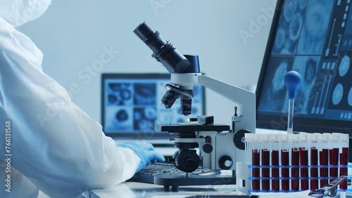 Scientist in protection suit and masks working in research lab using laboratory equipment: microscopes, test tubes. Medicine, healthcare and technology concept. photo