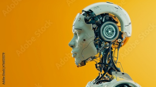 Close-up view of futuristic robot technology detailing intricate wiring and mechanical design, set against a bold orange backdrop. © Anton Gvozdikov