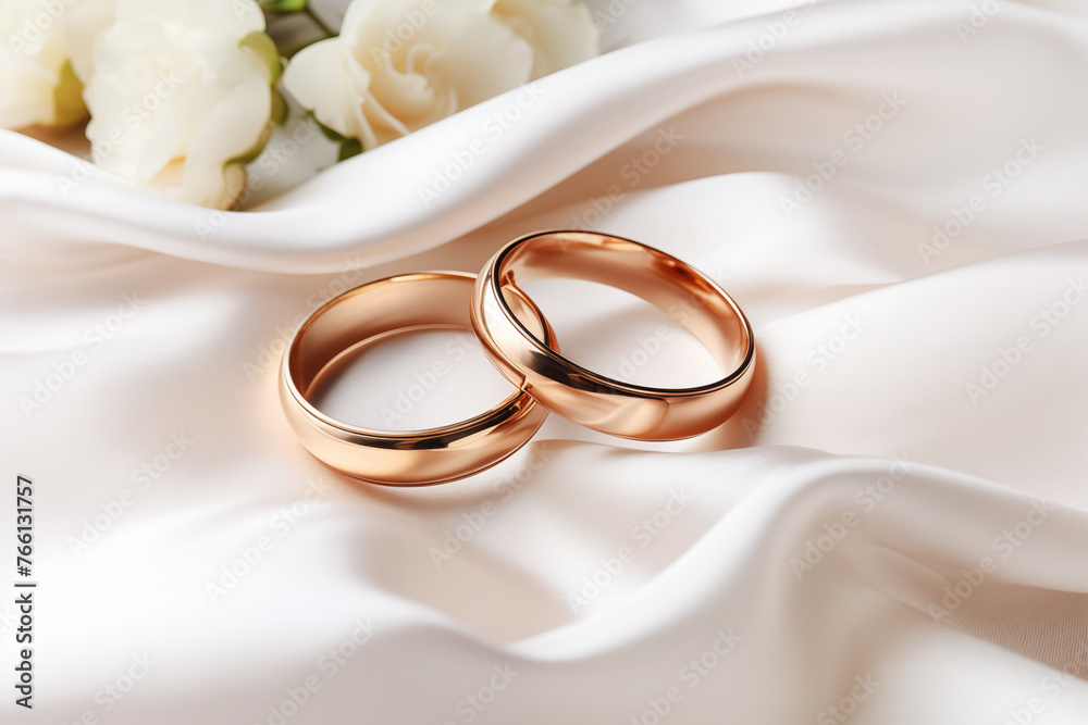 Close-up of minimal wedding rings on white fine silk fabric with pleats and white flowers in the background Close-up of minimal wedding rings on white fine silk fabric with pleats and white flowers in the background