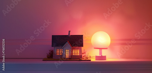 A tiny model house illuminated by a pink nightlight, sitting on a shelf in a cozy room at night, casting a warm and inviting glow against a pink background