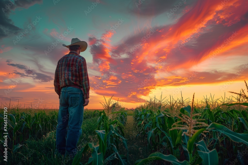 Modern Farmer Reviewing Data in Corn Field at Sunset, Wide-Angle Panoramic Shot