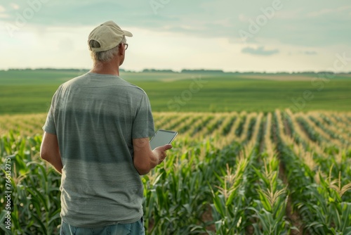 Farmer Evaluating Cornfield Growth Data on Digital Device, Panoramic Sky