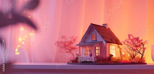 A tiny model house illuminated by a pink nightlight, sitting on a shelf in a cozy room at night, casting a warm and inviting glow against a pink background.