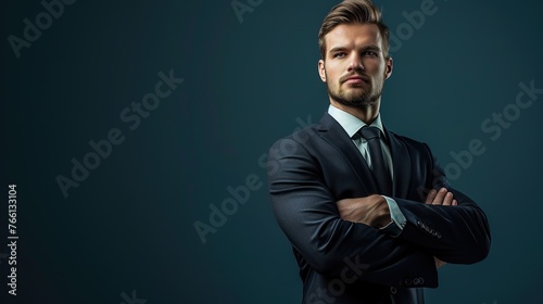 A professional businessman in a suit  wearing a confident expression on black background photo