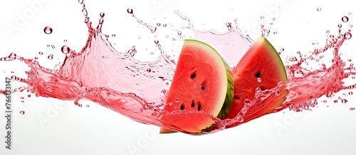 Two slices of Citrullus lanatus, commonly known as watermelon, are falling into a pool of liquid. The refreshing fruit is a key ingredient in many recipes