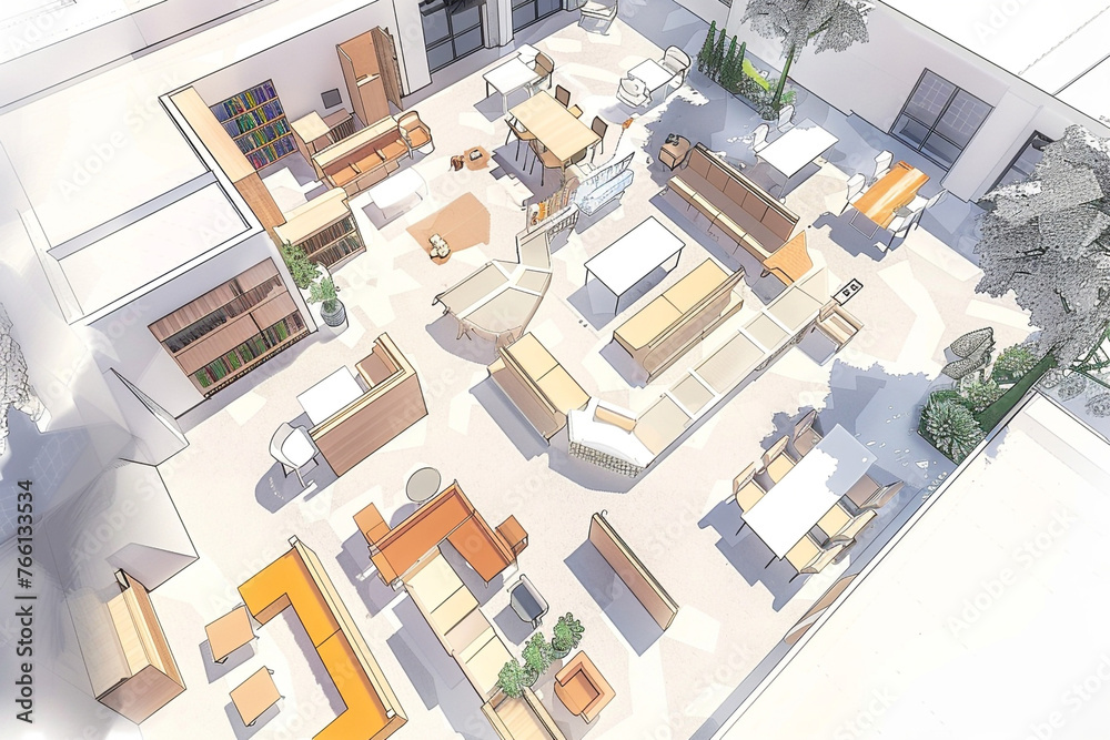 A schematic design for the modernization of a retirement home's common area, focusing on creating a multi-functional space with areas for reading, games, and social gatherings, 