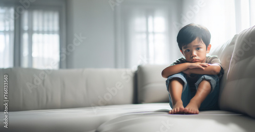 Junge Teenager sitzt allein einsam traurig in sich gekehrt barfuß auf Couch im Wohnzimmer einsam voller Gefühle Emotionen und isoliert sich unglücklich Trauer Angst Mobbing photo