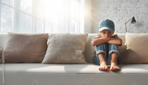 Junge Teenager sitzt allein einsam traurig in sich gekehrt barfuß auf vor Couch im Wohnzimmer einsam voller Gefühle Emotionen und isoliert sich unglücklich Trauer Angst Mobbing photo