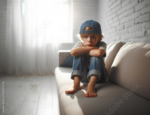 Junge Teenager sitzt allein einsam traurig in sich gekehrt barfuß auf vor Couch im Wohnzimmer einsam voller Gefühle Emotionen und isoliert sich unglücklich Trauer Angst Mobbing